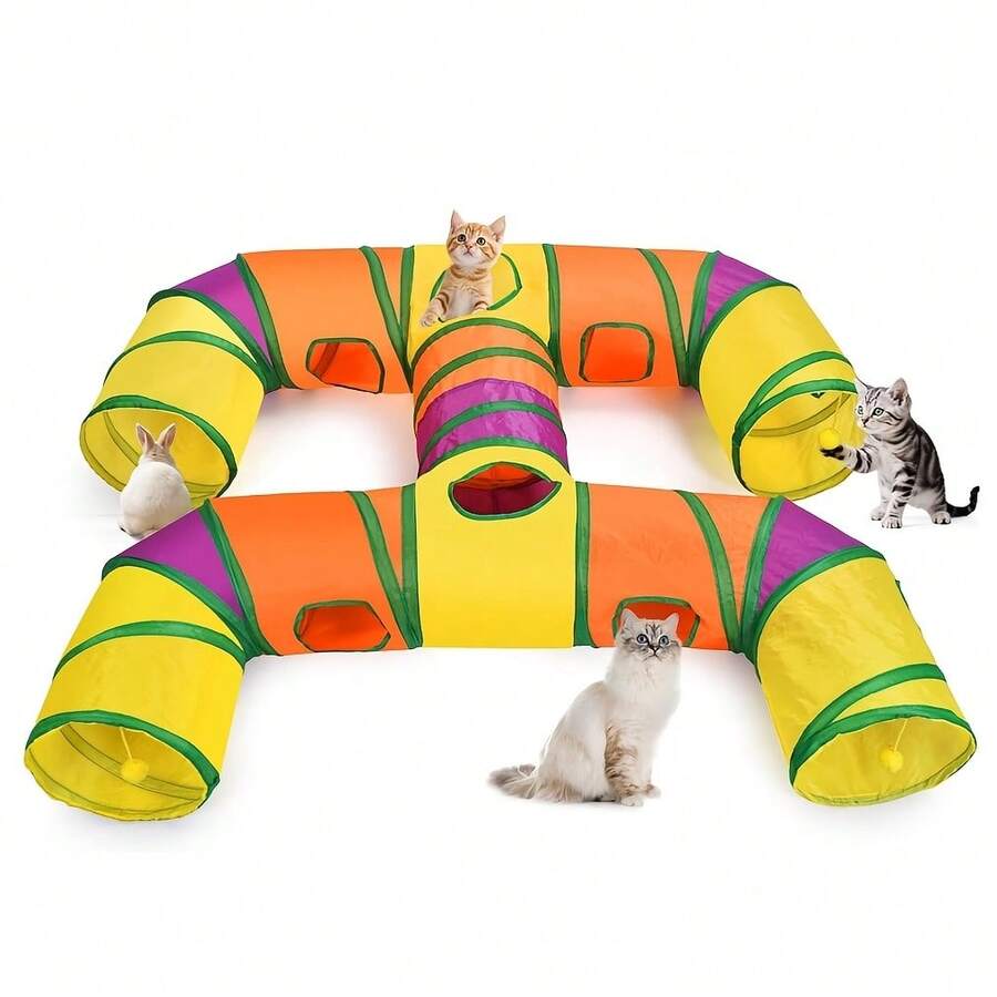 Terowongan Kucing Lipat 4 Arah dengan Bola Mainan Interaktif - Tahan Sobek, Dapat Dicuci, Warna Oranye Gradasi, Cocok untuk Anak Kucing dan Hewan Peliharaan Kecil di Dalam Ruangan - Tabung Poliester Tahan Lama - MultiWarna - View 1
