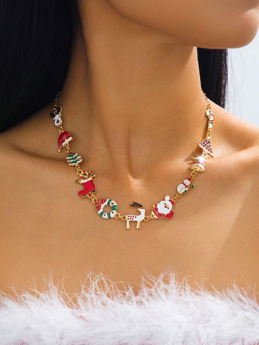 1 件圣诞合金珐琅圣诞树、驯鹿、雪花简约项链，适合女性、日常佩戴和节日礼物 - 金色 - 查看 1