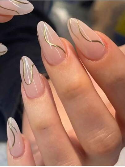 24件套闪亮金粉波浪纯粉杏仁美甲装饰，跨境批发美甲配件