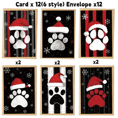 12pcs Festive Christmas Greeting Cards With Paw Prints, Santa Hats & Snowflakes Design - Perfect For Pet Lovers, Friends, And Family, Christmas Blessing Cards With Envelope