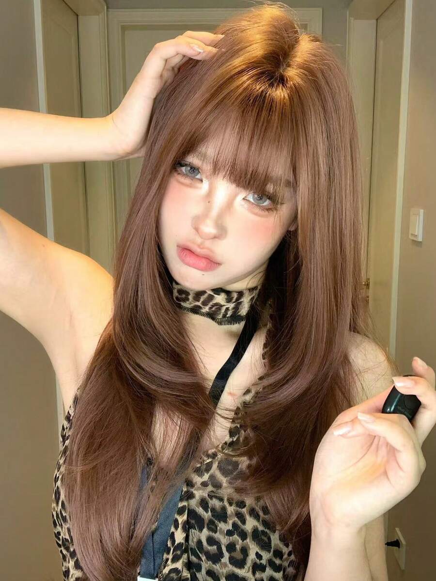 alicegarden 1 Synthetic Fiber Material Long Straight Hair Wig With Bangs, Brown Long Straight Hair, Length 28 Feet, Fashionable Wig, Natural And Realistic - Brown - View 1