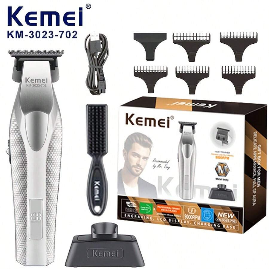 KEMEI KM-3023&702 專業電動理髮剪,金屬油頭雕刻修剪器,DLC刀片,9000RPM高速馬達,LED顯示屏 & 大容量電池,適用於沙龍 & 家庭使用 - 銀色 - 查看 1