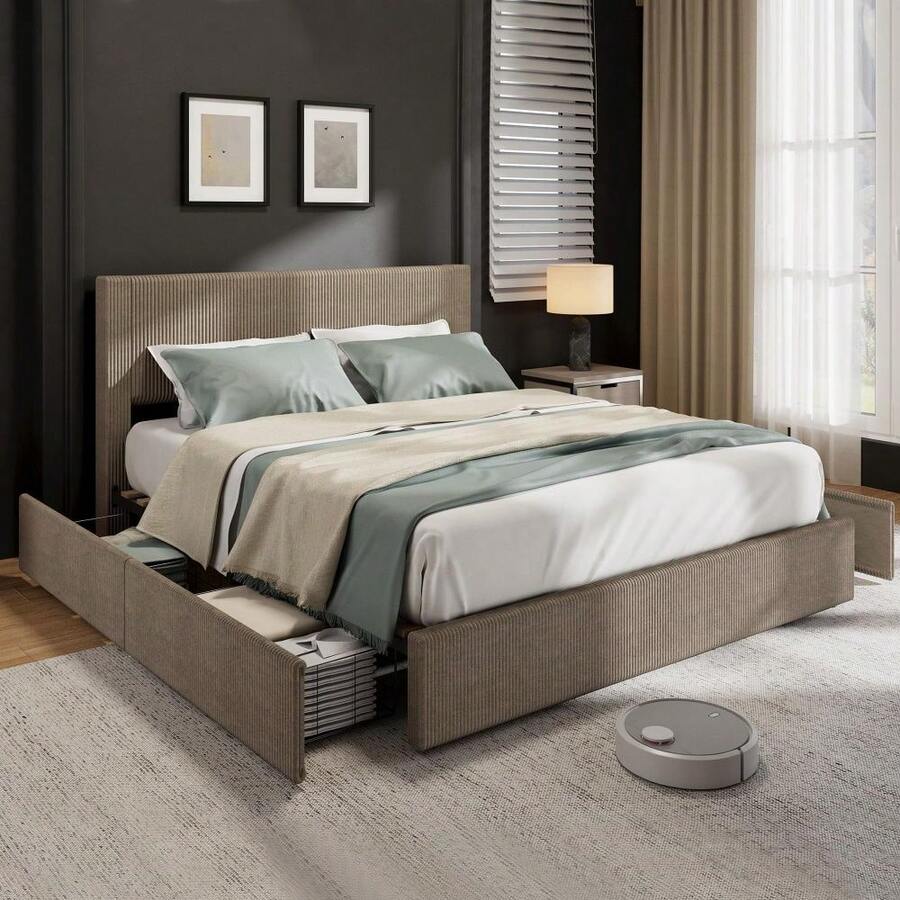 Modern Bed Frame, Full/Queen/King Size Platform Bed Frame With 4 Storage Drawers, Upholstered Corduroy Channel Tufted Headboard Bed Frame With Strong Wooden Slat Support, No Box Spring Needed - 棕色-大號 - 查看 1