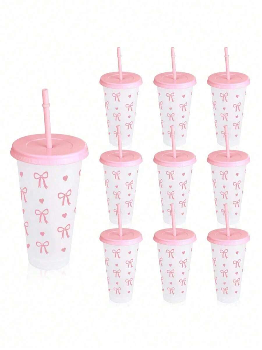 1个/5个/10个装 24盎司粉色和蓝色蝴蝶结塑料杯，带盖和吸管，可重复使用，可爱透明塑料杯，适合生日、婚礼和派对用品，带粉色丝带的可重复使用塑料杯，夏季饮料杯，适合生日、婚礼和派对用品，非常适合派对、饮用、咖啡，也适合母亲节、婚礼、生日、单身派对或作为礼物。