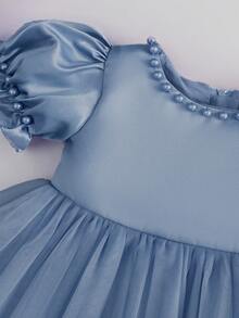 Grayish Blue Bow-Decor Tulle Dress, Birthday Party Baby Girl Outfit - Blue - View 3