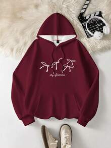 秋冬季美式宽松酒红色女式卫衣，简约独特蝴蝶印花上衣