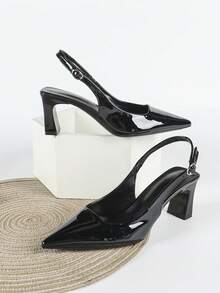 女士黑色高跟鞋，粗跟鞋，正式礼服鞋，尖头套脚凉鞋，厚底鞋 - 黑色 - 查看 3