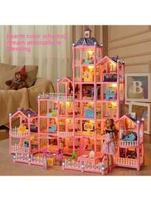 Maison de poupée château charmante de princesse - Résine ABS multicolore avec des lumières scintillantes, style villa sur plusieurs étages avec toit et escaliers décorés, cadeau d'anniversaire ou de Noël idéal
