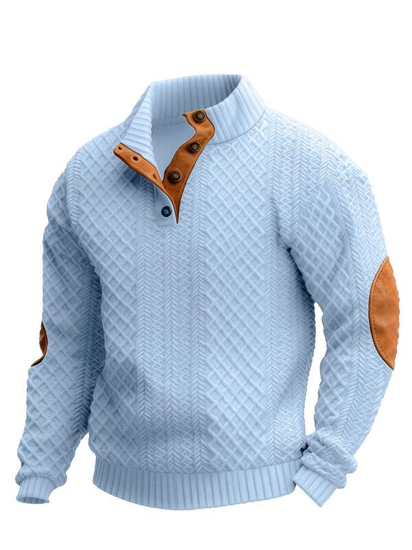 Spring & Autumn Men's Casual Fashion Half-Zip Jacquard Knit Henley Polo Shirt, Vintage-Inspired Contrast Elbow Patch Design, Ideal Valentine's Day Boyfriend Gift (Note: Knit Sweater, Not Thick; European/American Sizes Run Large, Recommend Ordering One Size Down)