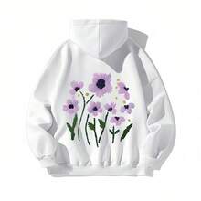 1pc Womens Floral Graphic Sweatshirt Regular Fit Drawstring Hooded Sweatshirt Midweight Slightly Stretchy  Comfortable Fleece  Lined Casual Style For Spring  Summer Everyday Wear  Lounging - 白色 - 查看 1