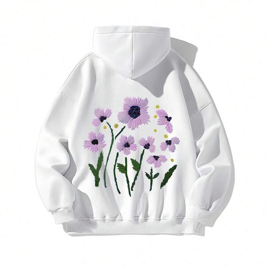 1pc Womens Floral Graphic Sweatshirt Regular Fit Drawstring Hooded Sweatshirt Midweight Slightly Stretchy Comfortable Fleece Lined Casual Style For Spring Summer Everyday Wear Lounging - 白色 - 查看 1