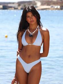 春夏可爱蓝色格子印花系带比基尼套装，女士两件式泳衣，夏季海滩度假交叉露背泳装，适合复活节、圣帕特里克节、外出、毕业典礼等场合，优雅时尚 - 藍色 - 查看 4