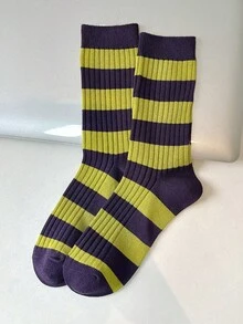 1/2/3/4/5/6 双装随机女士复古条纹船袜，Y2K Grunge 风格罗纹针织棉质中筒袜，适合日常穿着和角色扮演 - 紫色 - 查看 11