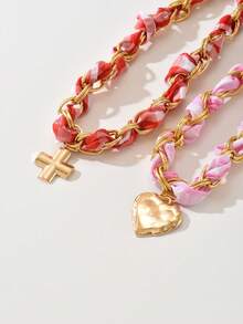 2 chiếc vòng cổ mặt hình thánh giá và trái tim kim loại phong cách Bohemian phóng đại, thích hợp cho phụ nữ đeo với váy, áo sơ mi, cho trang phục hàng ngày và dự tiệc - Hồng - Xem 4