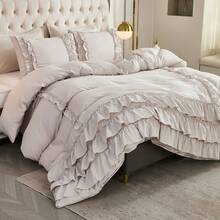 Beige Comforter Set Queen/King Size,Waterfall Ruffle Shabby Chic Farmhouse Bedding Sets,Soft Fluffy Boho Comforters Sets For All Season,200g Microfiber Filling Vintage Ruffled 3 PCS Quilt Set For Women Girls Room Decor - 米灰色 - 查看 5