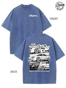 Supra Car Pattern Printing; Cool, Men's Fall Clothes,Retro Washed T-Shirt With Double-Sided Printed (230G Pure Cotton T-Shirt); Regular Fit, Comfortable And Stylish, Graphic Tee,Casual Wear With Design, Streetwear For Men, Unisex - 寶藍色 - 查看 1