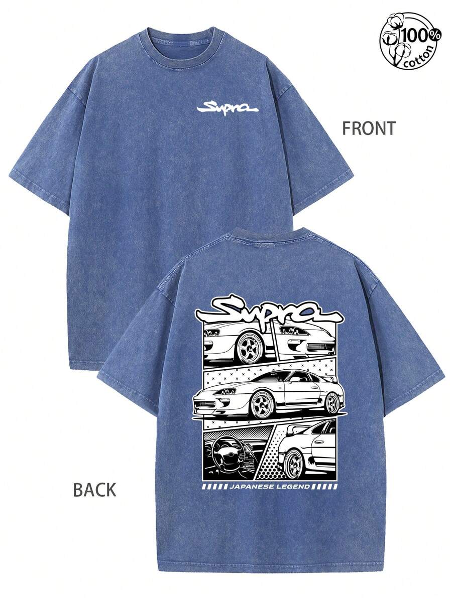Supra Car Pattern Printing; Cool, Men's Fall Clothes,Retro Washed T-Shirt With Double-Sided Printed (230G Pure Cotton T-Shirt); Regular Fit, Comfortable And Stylish, Graphic Tee,Casual Wear With Design, Streetwear For Men, Unisex - 寶藍色 - 查看 1