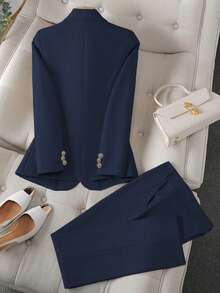 Solid Color Single Button Long Sleeve Single-Breasted Waistcoat Suit Pants Two-Piece Set - Màu xanh hải quân - Xem 2