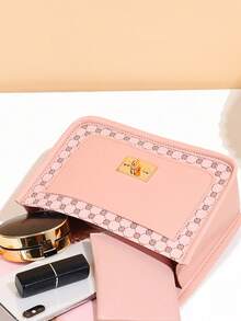 1pc Girls' Vintage Print Handbag, Cute Metal Chain Crossbody Bag, Casual Date Phone Pouch, Ideal Gift - Pink - View 5