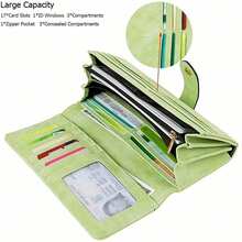 Women's Vegan PU Leather Wallet, 17 Card Slots Card Holder Bifold, Large Capacity Zipper Pocket Phone Handbag With ID Window - 玫瑰紅 - 查看 3