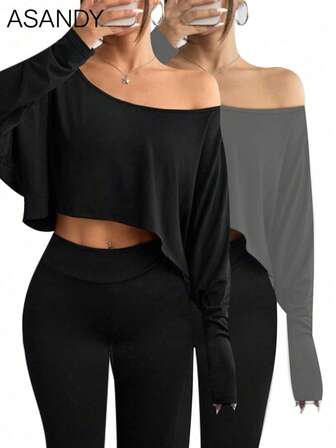 2 piezas Camisetas de mujer con hombros descubiertos, blusas casuales sueltas, conjunto de uso diario y para el hogar, otoño/invierno