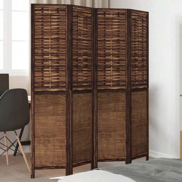 Biombo Larryhot de 4 paneles, color marrón oscuro, de madera maciza de paulownia. Ideal para salón, dormitorio u oficina. Plegable y fácil de guardar. Doble función (pantalla de privacidad + decoración). Estable y fácil de montar.