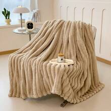 1pc Soft Vintage Style Faux Fur Blanket - Cozy Choice For Sofa And Chair, Striped Pattern, Machine Washable, Polyester Blend, Comfortable For All Seasons, Chair/Bed Cover | Soft Blanket | Polyester Blend, Rabbit Decor - Khaki - View 5