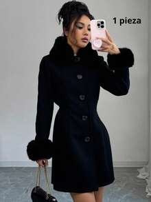 Abrigo largo con peluche para mujer, clásico y elegante, cuello alto con peluche desmontable. Manga larga con peluche desmontable. Tela de poliéster, interior forrado, cálido y agradable, apto para temporadas de otoño e invierno. Bolsillos frontales funcionales. Ajuste con botones grandes de lujo. - Negro - Ver 7