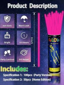 50/100支装 8英寸粉色荧光棒，高品质超亮荧光棒，发光艺术棒，灯光装饰，夜光效果，持续发光8-12小时，为派对增添光彩，可用于制作手链、项链、霓虹灯、婚礼派对荧光棒，更鲜艳的荧光棒 - 粉色 - 查看 3