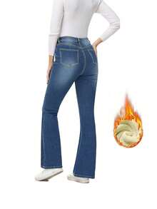 秋冬季保暖内衬女士休闲长款牛仔裤，拉链闭合，中等弹性，保暖直筒设计，日常穿着舒适 - 藍色 - 查看 6