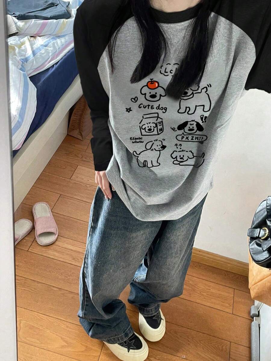 女士宽松休闲百搭印花插肩袖撞色卡通印花长袖T恤
