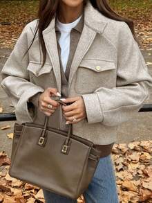 Autumn/Winter High-End Herringbone Flap Pocket Stand Collar Retro Style Daily Commute Slimming Jacket - Apricot - View 2