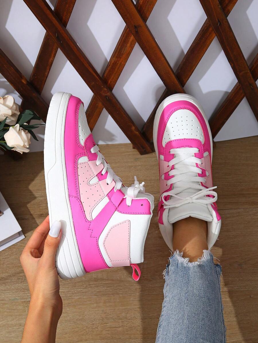 BAOLIANGXIONG Pink Color Casual Student Sneakers, Sport Shoes ,Women's Casual Sports Shoes, Fashionable Sneakers With Thick Soles, Low-Cut Lace-Up White Pink Shoes, Outdoor Shoes - 白玫紅粉高幫 - 查看 1