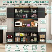 Large Farmhouse Kitchen Pantry Cabinet With Power Outlet & LED Light | 71" Tall, 47" Wide | 8 Doors, 2 Drawers & Open Countertop For Kitchen/Dining Room Storage - Xem 4
