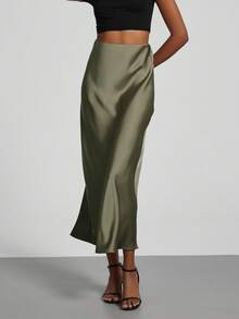 SE-HORE Women's Fashion Commuter Versatile Petite Version Elastic Satin Texture Skirt, Suitable For All Seasons - Moss Green - Dark Green - View 2