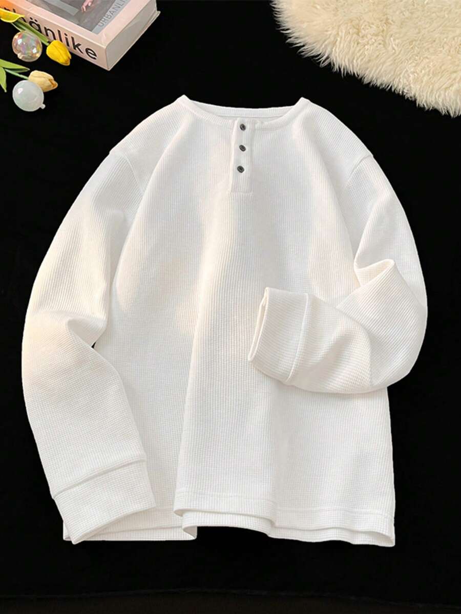 1 pieza Camiseta de punto de nido de abeja con cuello henley para hombre, cómoda y casual, cuello henley, fácil de usar, con detalles de botones, adecuada para salidas diarias, estilo old money, otoño, manga larga - Blanco - Ver 1