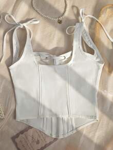 EZNV White Tie-Shoulder Boned Corset - Stylish Bustier, Enhances Curves & Comfortable For Daily - White - View 10