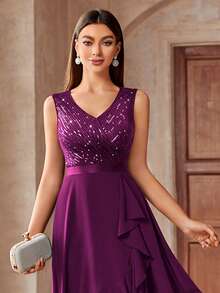 MIUSOL Sequin V-Neck Sleeveless Ruffle Hem Shiny Chiffon Ball Gown - Maroon - View 8
