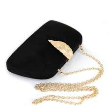 Women's Vintage Black Suede Clutch Bag, Gold Leaf Accent Evening Bag, Elegant Chain Crossbody Purse, Formal Party/Wedding/Prom Accessory, Niche Design, Multi-Way Carrying, Fashionable & Luxurious, Must-Have Evening Essential For Fashionistas - 黑色 - 查看 11
