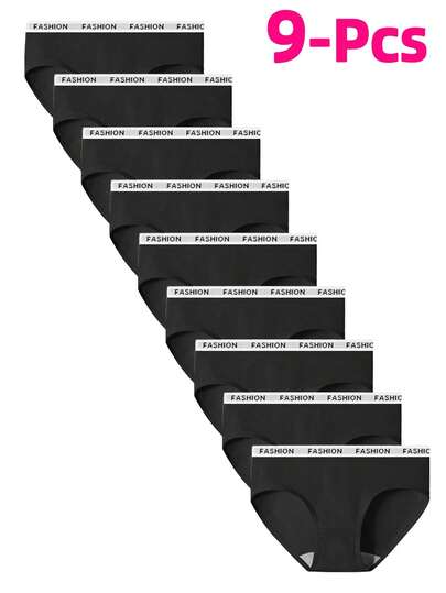 9 件套女士涤纶舒适黑色纯色内裤，青少年时尚字母腰带低腰三角裤