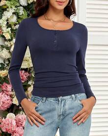 Long Sleeve Shirts For Women Henley Fall Ribbed Button Tops Slim Fit Winter Spring Cute Casual Basic Blouse TeesHalloween Christmas New Year - Màu xanh đậm - Xem 5