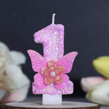 1 件生日数字蜡烛，粉色蝴蝶生日蜡烛蛋糕，亮片蜡烛蛋糕装饰，适合女孩和女士的周年庆典物品 - 彩色 - 查看 1