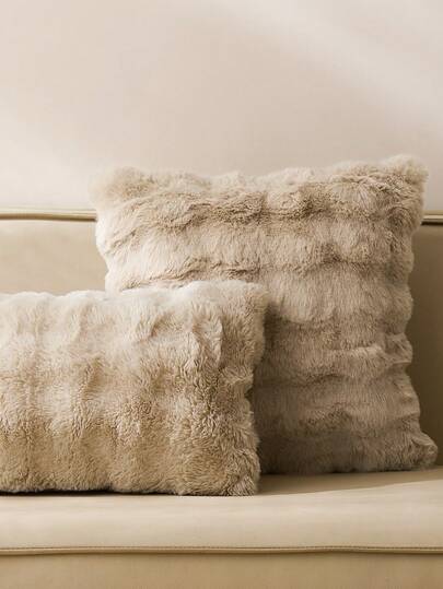 1pc Khaki Decorative Faux Rabbit Fur Cushion Cover Without Filler, Modern Flannelette  Fuzzy Plush Throw Pillow Cover Zipper Closure For Home, For Sofa, Living Room