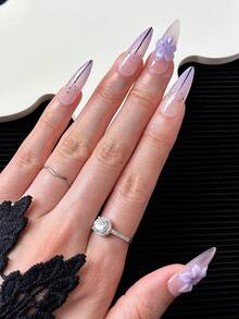 Uñas de stiletto estilo francés hechas a mano, uñas postizas. Puntas de uñas multicolor con degradado de ojo de gato, diseños florales tallados a mano, patrones 3D, uñas postizas de cobertura completa con brillo DIY, 10 piezas por paquete