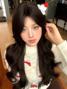 alicegarden 1 合成耐热。长自然波浪发，中心分假发，中等部分，棕色 26 英寸，日常自然、光滑、逼真的假发（不包括配件） - 黑色 - 查看 1