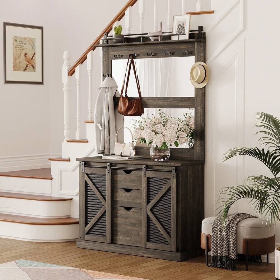 Perchero, perchero con zapatero, mueble de entrada con 3 cajones para pasillo, puertas corredizas de granero, roble - Multicolor - Ver 1