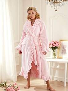 2件装女士超柔软荷叶边加厚绒袍，荷叶边时尚长袍带侧袋，保暖长款浴袍，毛绒SPA袍，家居服，睡衣 - 彩色 - 查看 11