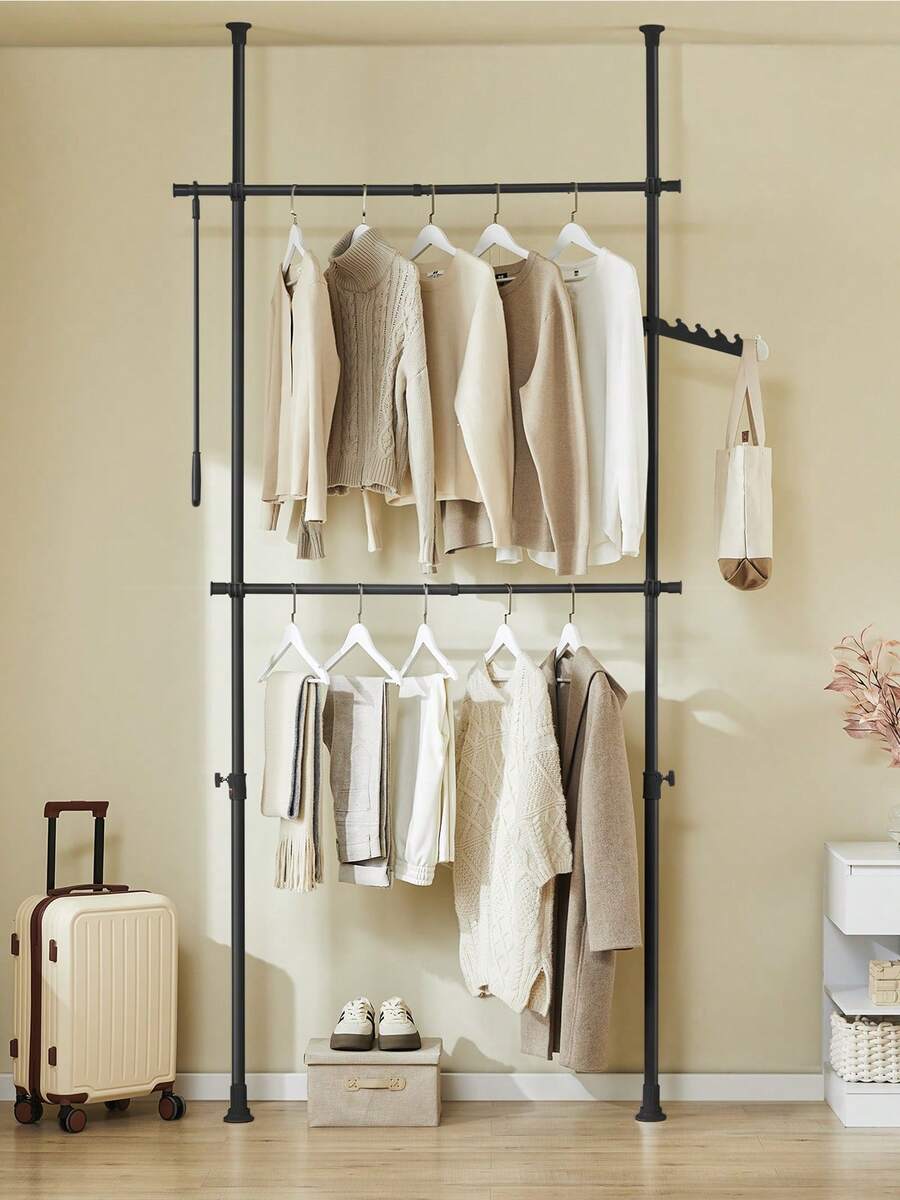 SoBuy FRG109 Telescopic Wardrobe System With 2 Clothes Rails Clothes Storage System Shelving System Clothes Rack Light Grey - Black - View 1