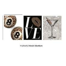 1/3pcs Frameless 3 PiecesLeopard Print Wall Art Set, Vintage 8 Ball & Martini Cocktail Poster Collection, Lucky Girl Aesthetic Decor, Retro Party Theme Prints For Bedroom, Dorm & Bar Wall - Multicolor - View 15