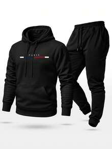 Unisex Paris Print Sweatshirt Set, Hoodie, Pants And Kangaroo Pocket Top - màu đen - Xem 2